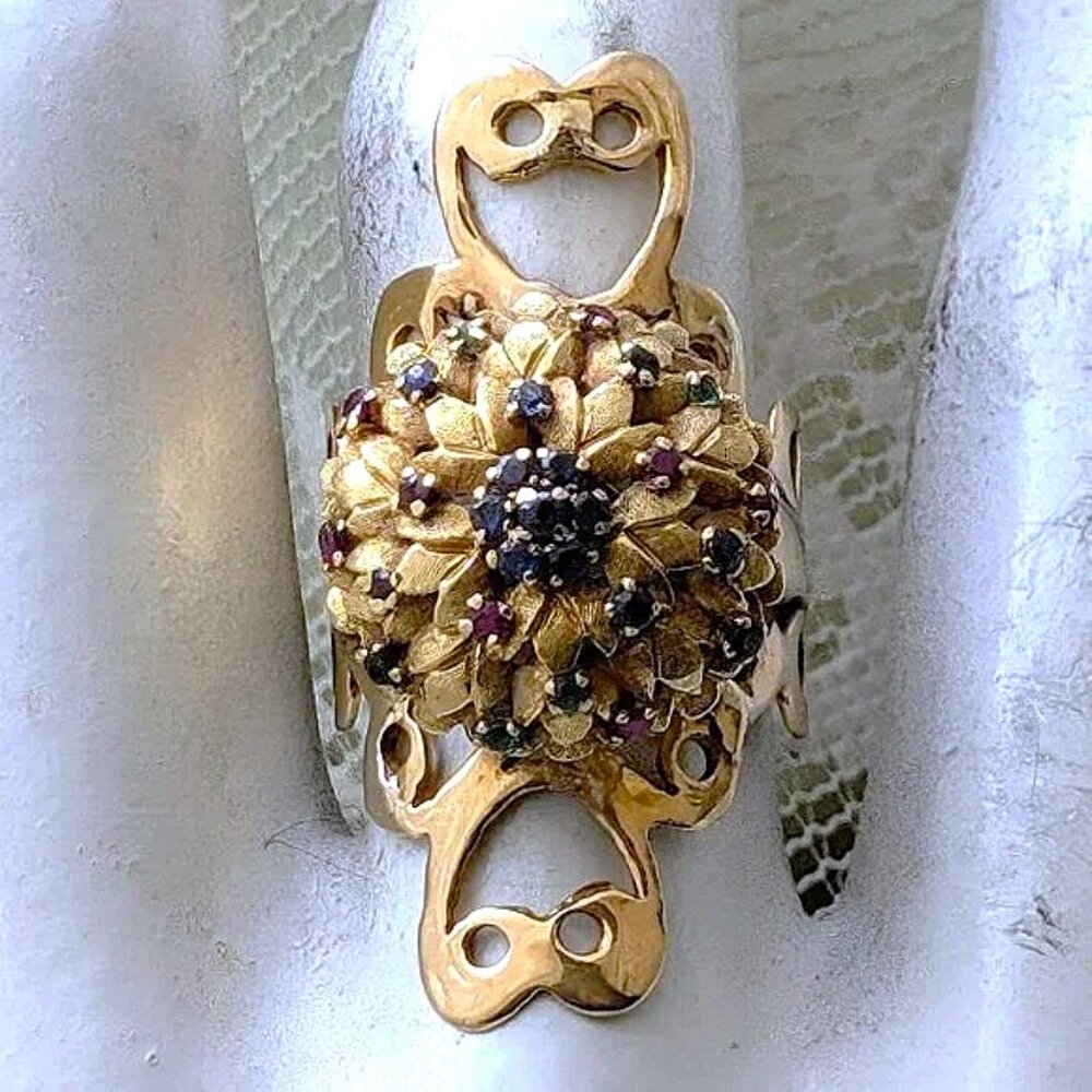 Antique Large Solid 14k Yellow Gold Ruby Sapphire… - image 1